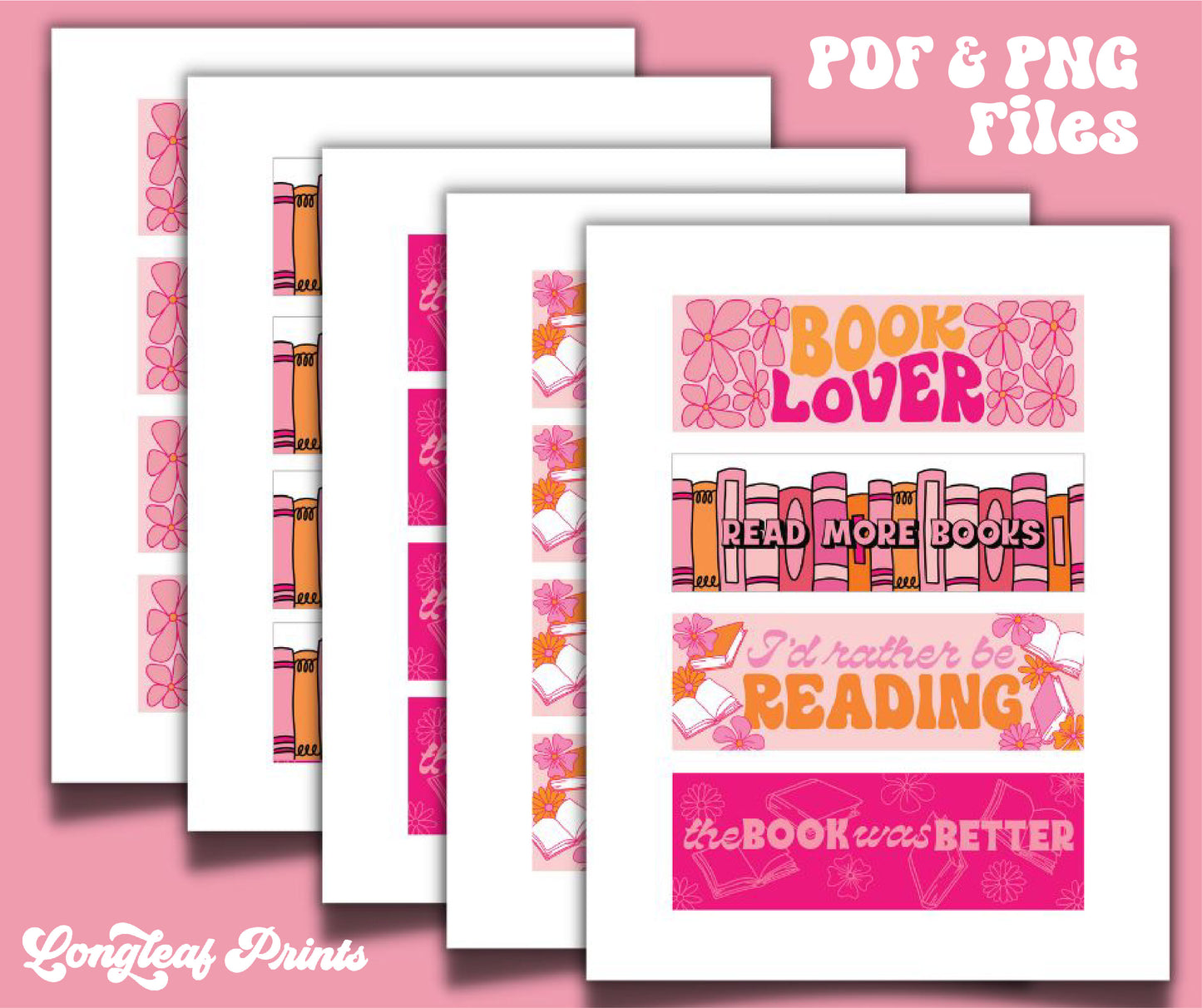 Set of 4 Printable Retro Pink Bookmarks Digital Download File